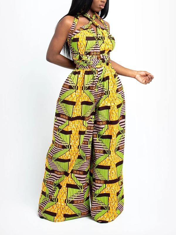Women's Sexy African Print DIY Multi-wear Strappy Wide-leg Jumpsuit