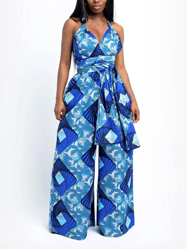 Women's Sexy African Print DIY Multi-wear Strappy Wide-leg Jumpsuit