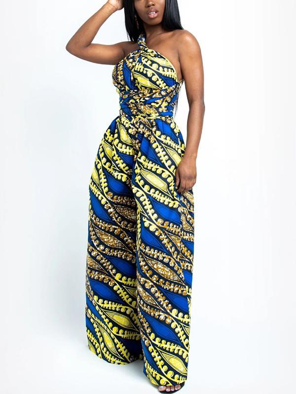 Women's Sexy African Print DIY Multi-wear Strappy Wide-leg Jumpsuit