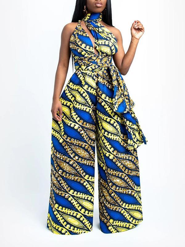 Women's Sexy African Print DIY Multi-wear Strappy Wide-leg Jumpsuit