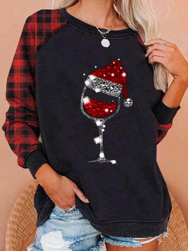 Ladies checked Sweatshirt prints with Christmas hat and red wine glass