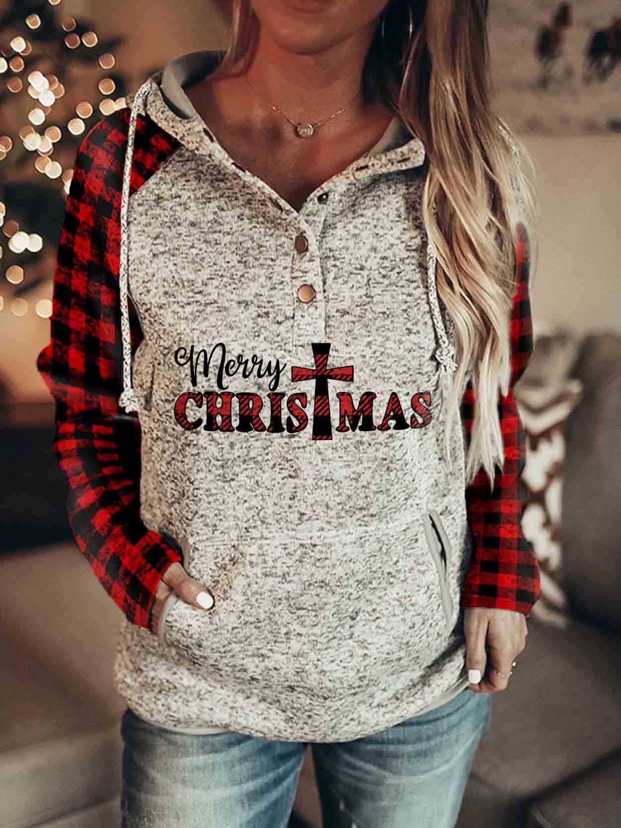 Women's Merry Christmas Print Plaid Sleeve Sweatshirt