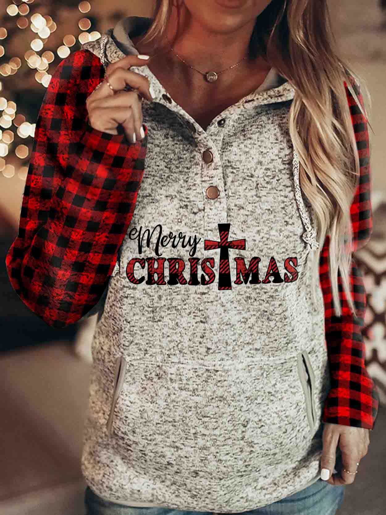 Women's Merry Christmas Print Plaid Sleeve Sweatshirt