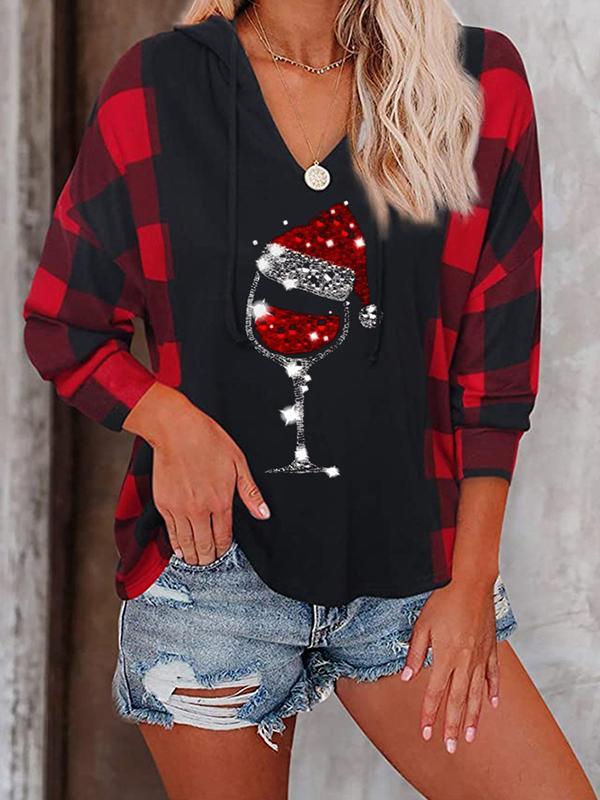 Ladies Christmas hat and red wine glass Print and Check T-shirt