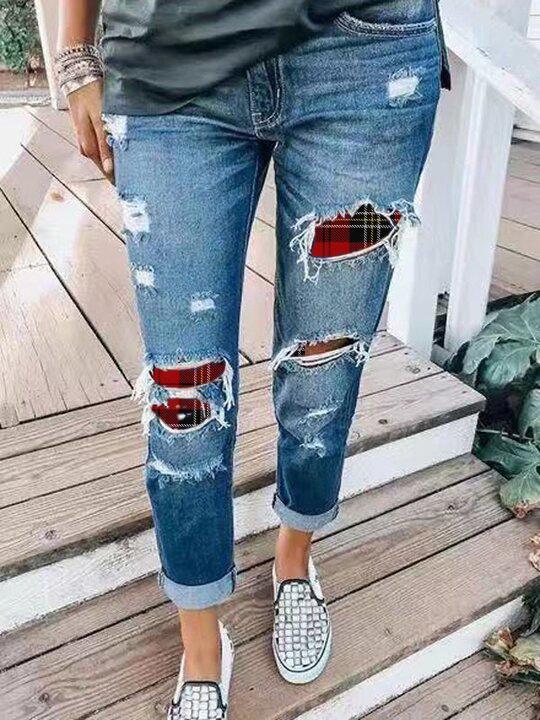 Christmas Red Plaid Printed Casual Jeans