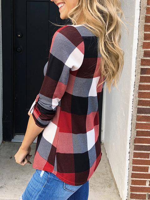 Women's Plaid V-neck Long Sleeve Tops