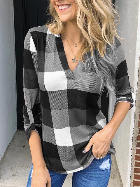 Women's Plaid V-neck Long Sleeve Tops
