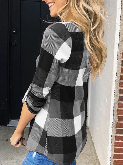 Women's Plaid V-neck Long Sleeve Tops