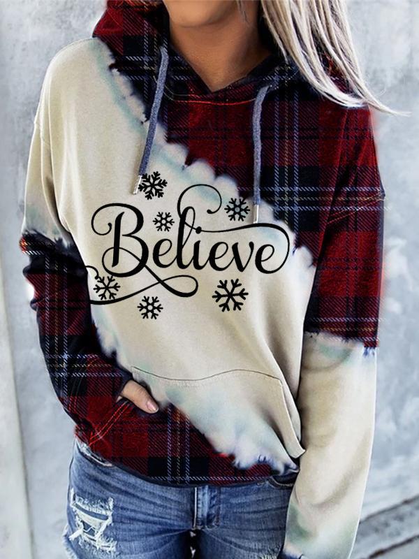 Ladies Christmas day "Believe" Printed and Checked stitching Hoodie