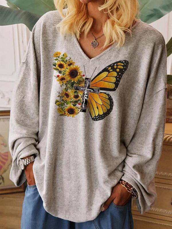 Sunflower Butterfly Faith Print Casual V-Neck Long Sleeve T-Shirt