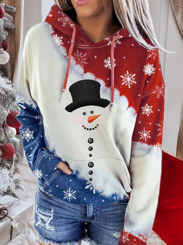 Women's Snowman Print Contrast Color Long Sleeve Tie-Dye Hoodie
