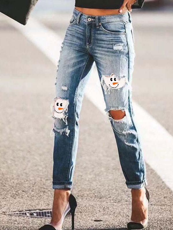 Women's Snowman Face Printe Christmas Jeans