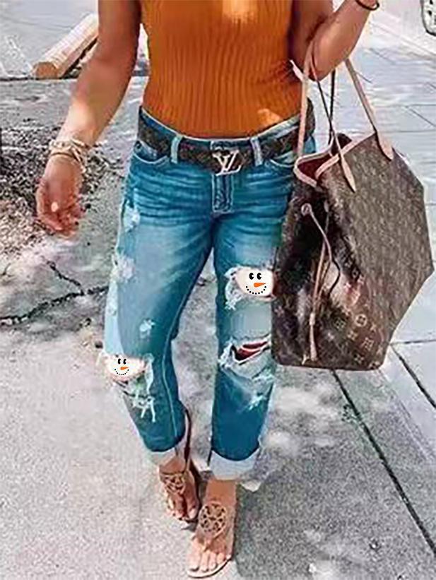 Women's Snowman Face Printe Christmas Jeans