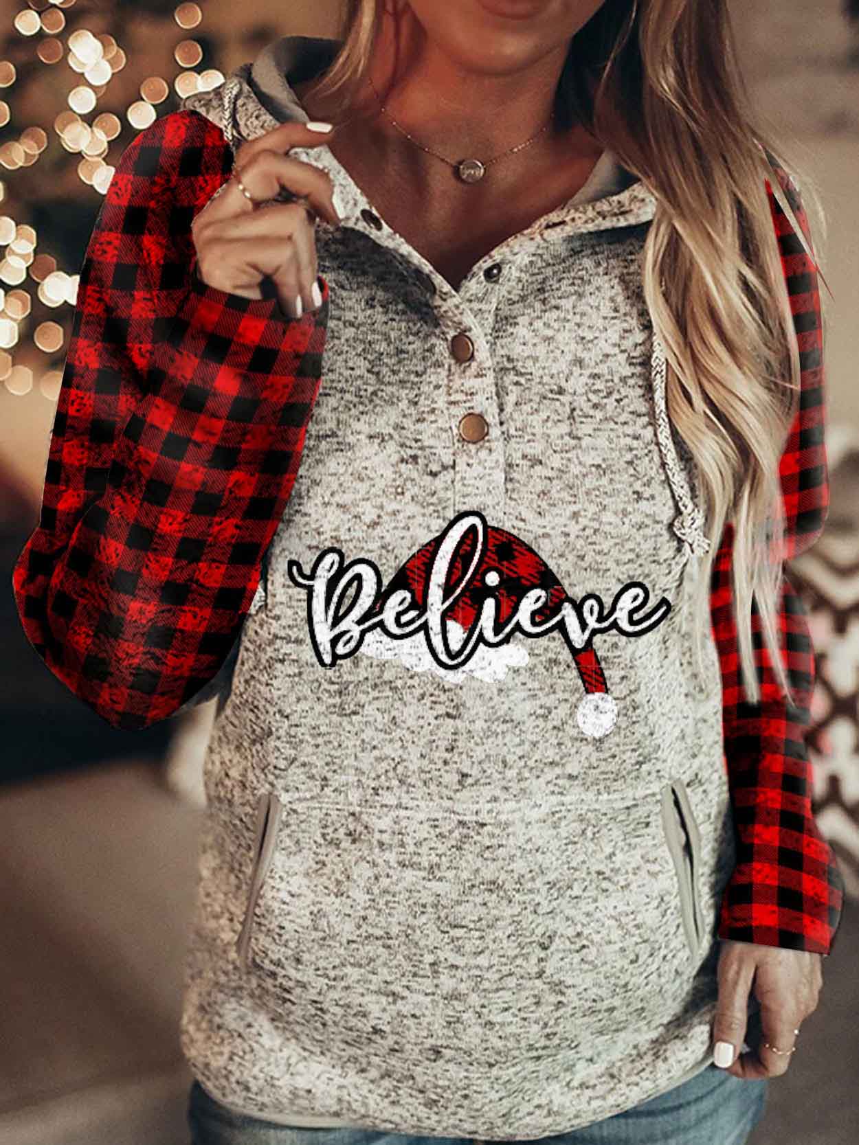 Believe Buffalo Plaid Santa Hat Long Sleeve Hoodies