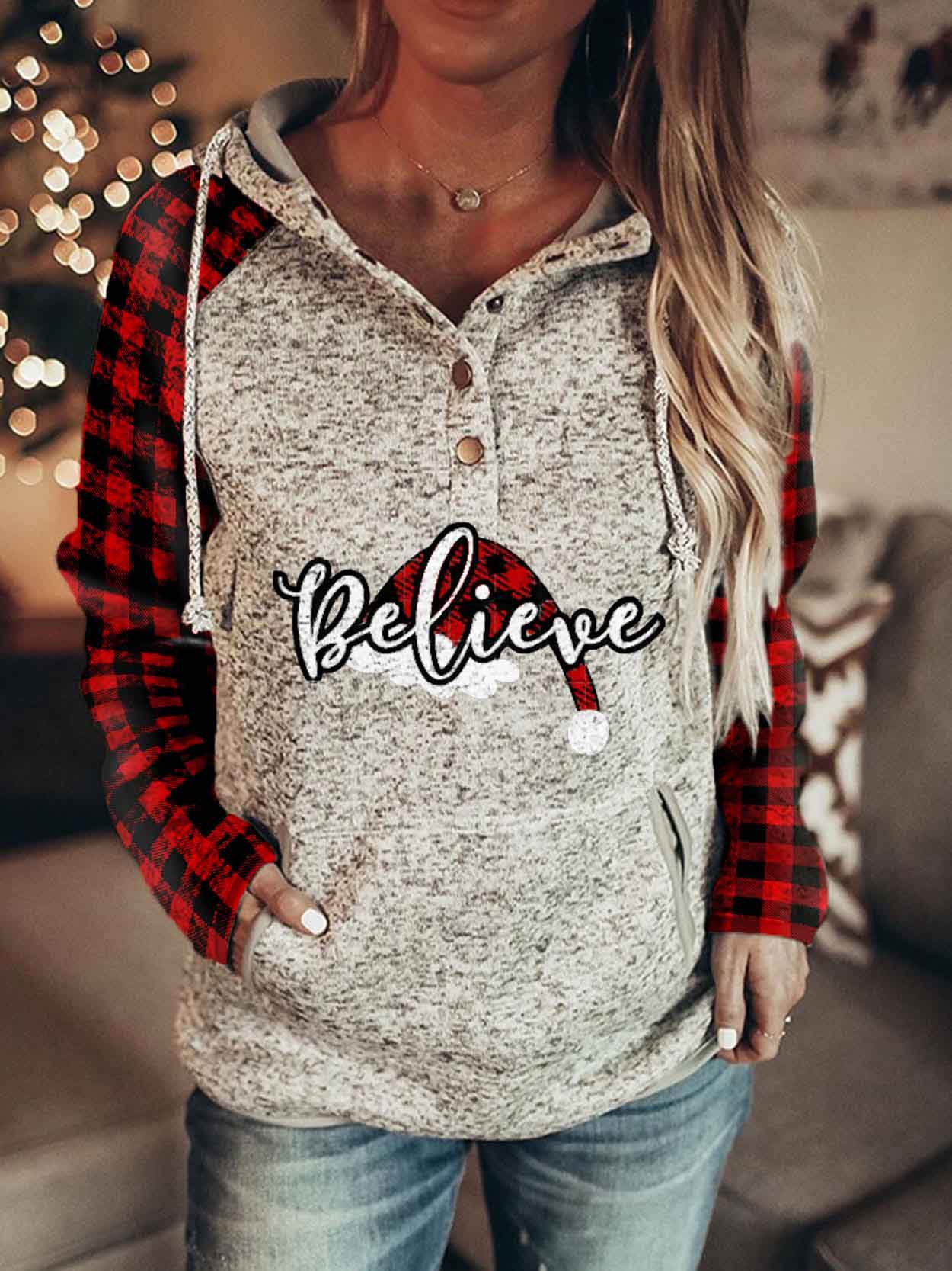 Believe Buffalo Plaid Santa Hat Long Sleeve Hoodies