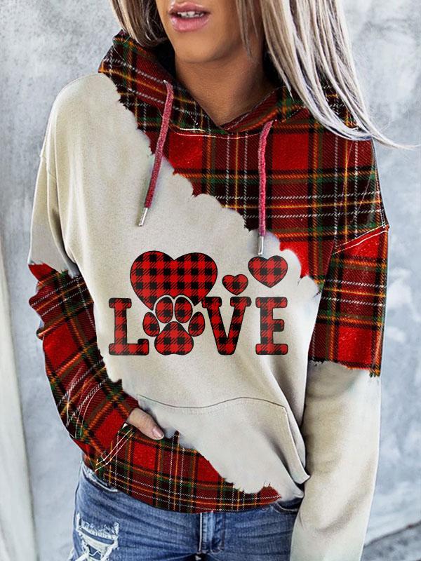 Love Paw Print Plaid Hoodie