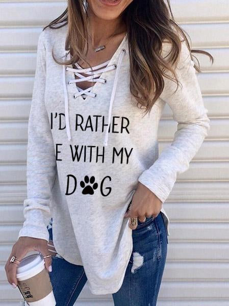 I'D RATHER BE WITH MY DOG V-neck Lace-up Blouse