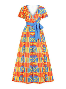 African Sexy Female V-neck With Belt Wide-leg Trousers Two-Pocket Jumpsuit