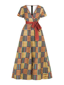 African Sexy Female V-neck With Belt Wide-leg Trousers Two-Pocket Jumpsuit