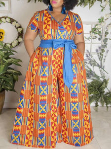 African Sexy Female V-neck With Belt Wide-leg Trousers Two-Pocket Jumpsuit