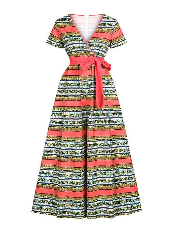 African Sexy Female V-neck With Belt Wide-leg Trousers Two-Pocket Jumpsuit