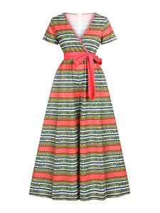 African Sexy Female V-neck With Belt Wide-leg Trousers Two-Pocket Jumpsuit
