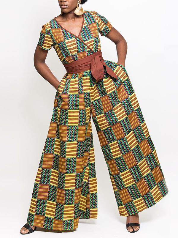 African Sexy Female V-neck With Belt Wide-leg Trousers Two-Pocket Jumpsuit