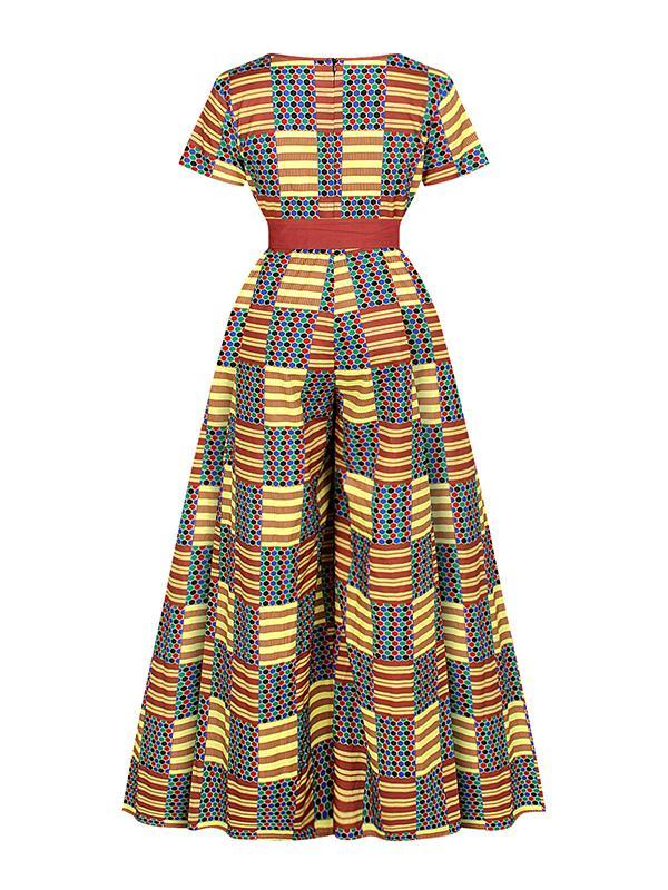 African Sexy Female V-neck With Belt Wide-leg Trousers Two-Pocket Jumpsuit