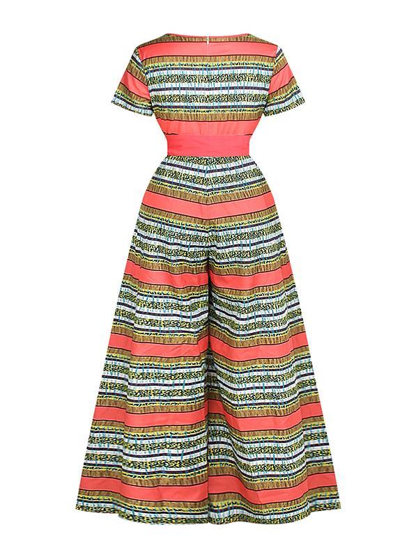 African Sexy Female V-neck With Belt Wide-leg Trousers Two-Pocket Jumpsuit