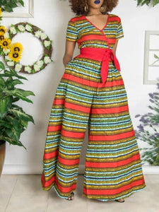 African Sexy Female V-neck With Belt Wide-leg Trousers Two-Pocket Jumpsuit