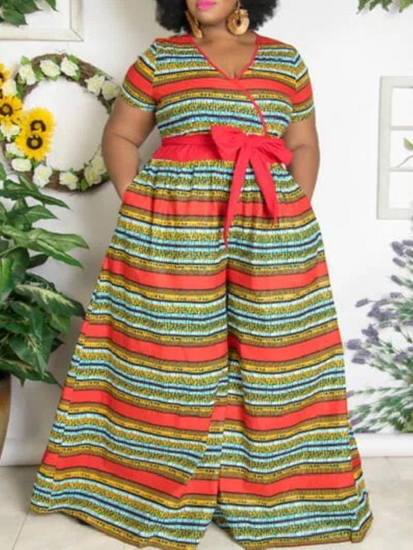 African Sexy Female V-neck With Belt Wide-leg Trousers Two-Pocket Jumpsuit
