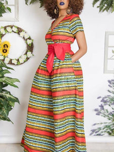 African Sexy Female V-neck With Belt Wide-leg Trousers Two-Pocket Jumpsuit