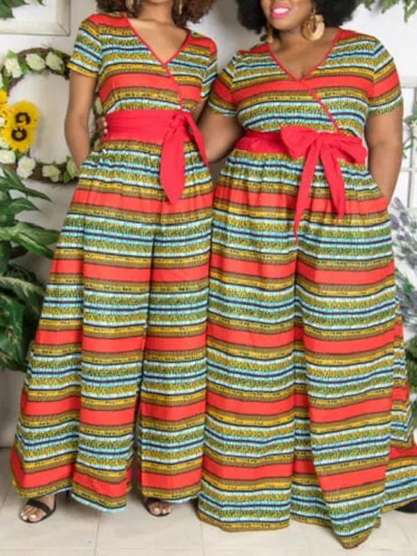 African Sexy Female V-neck With Belt Wide-leg Trousers Two-Pocket Jumpsuit