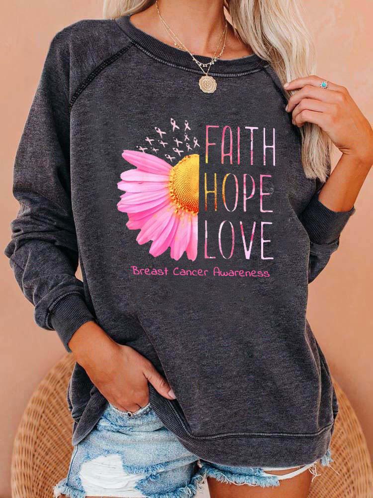 Women's Faith Hope Love Breast Cancer Awareness Daisy Printed Sweatshirt