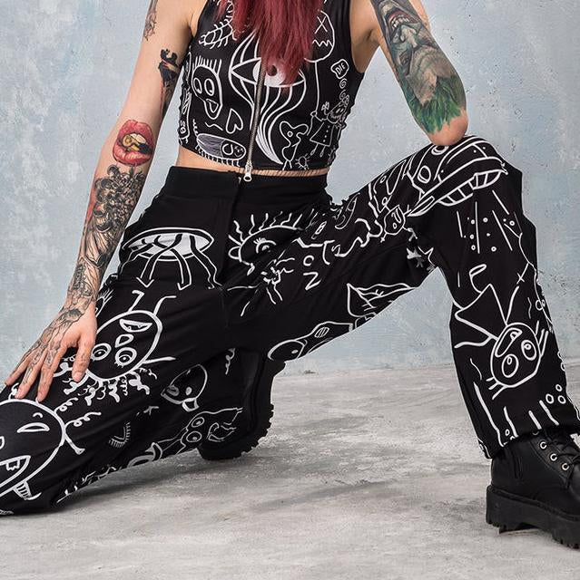 Ladies Fashion European and American Printed Face Fun Casual Pants