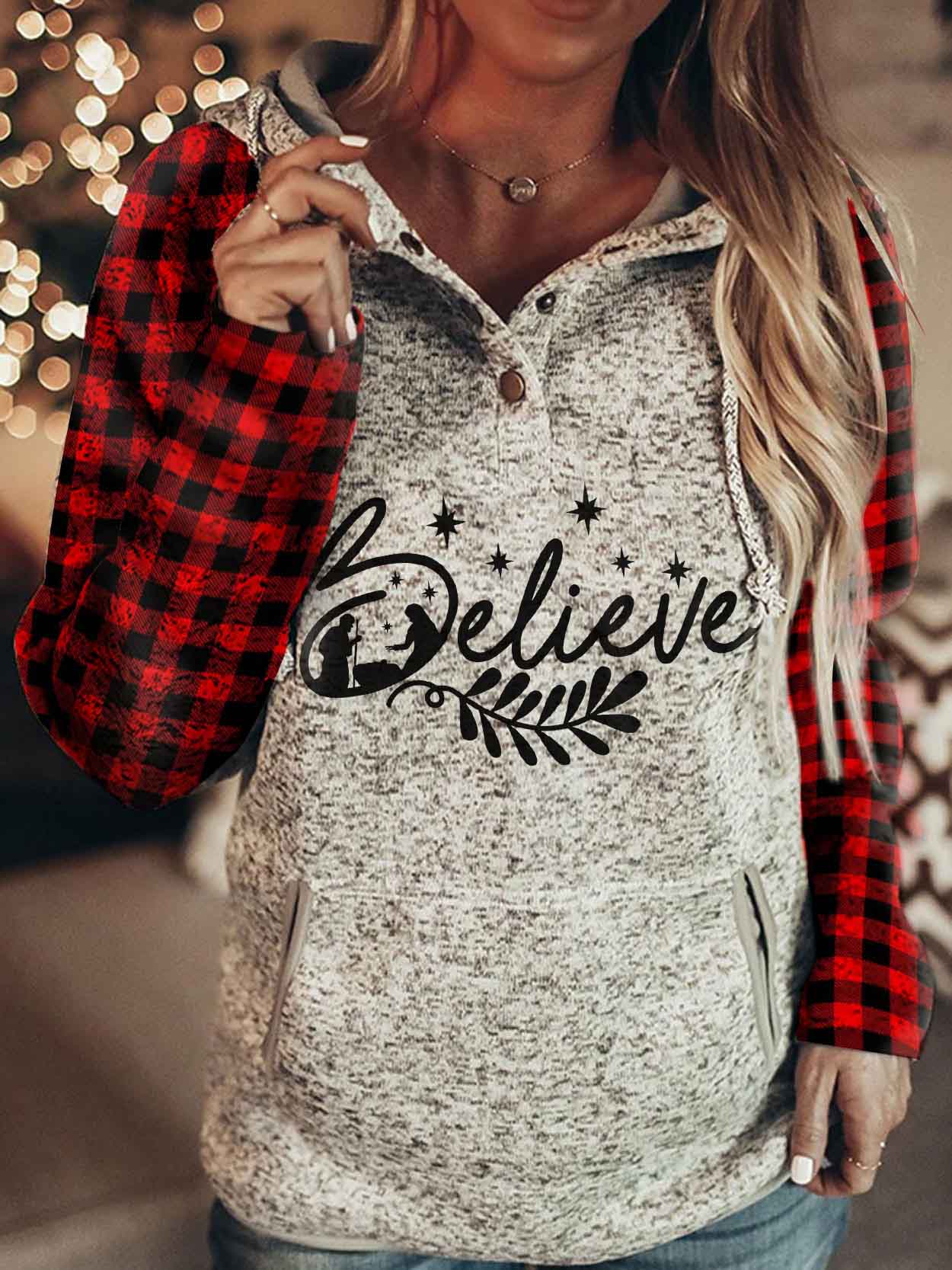 Ladies Christmas Believe Print Plaid Hoodie