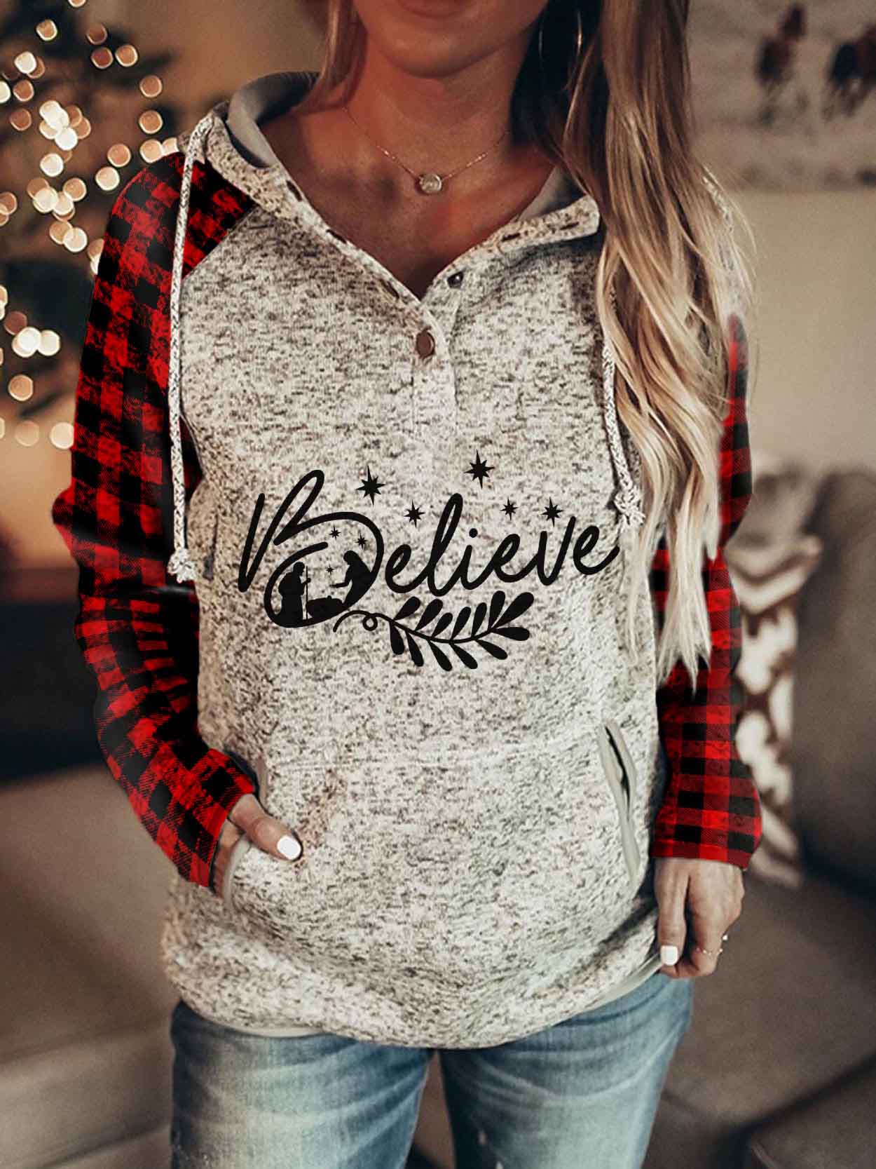 Ladies Christmas Believe Print Plaid Hoodie