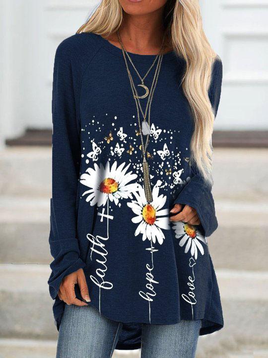Women's Daisy Faith Print Crew Neck Casual Top