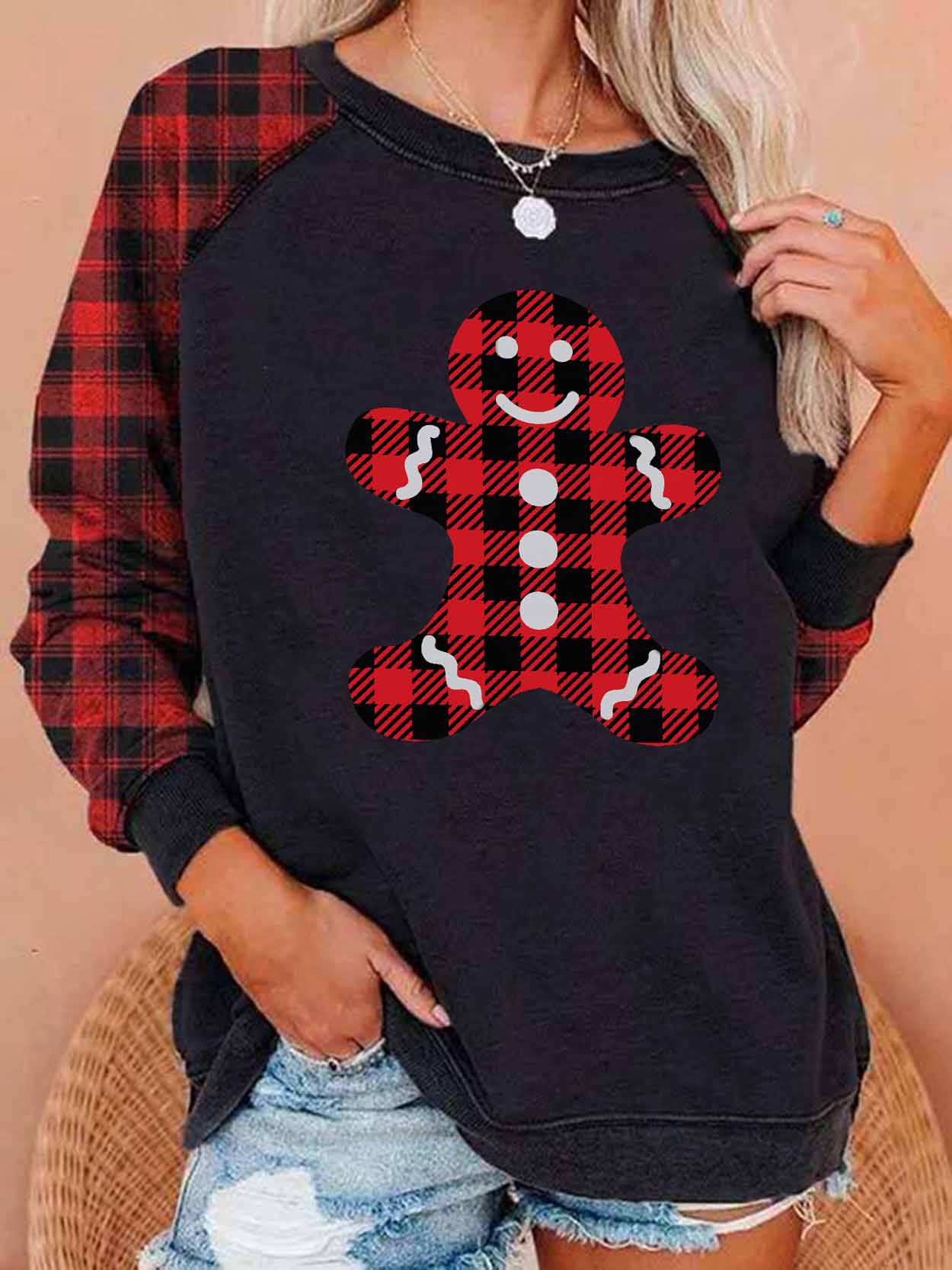 Women's Christmas Gingerbread Man Printed Plaid Sleeve Sweatshirt