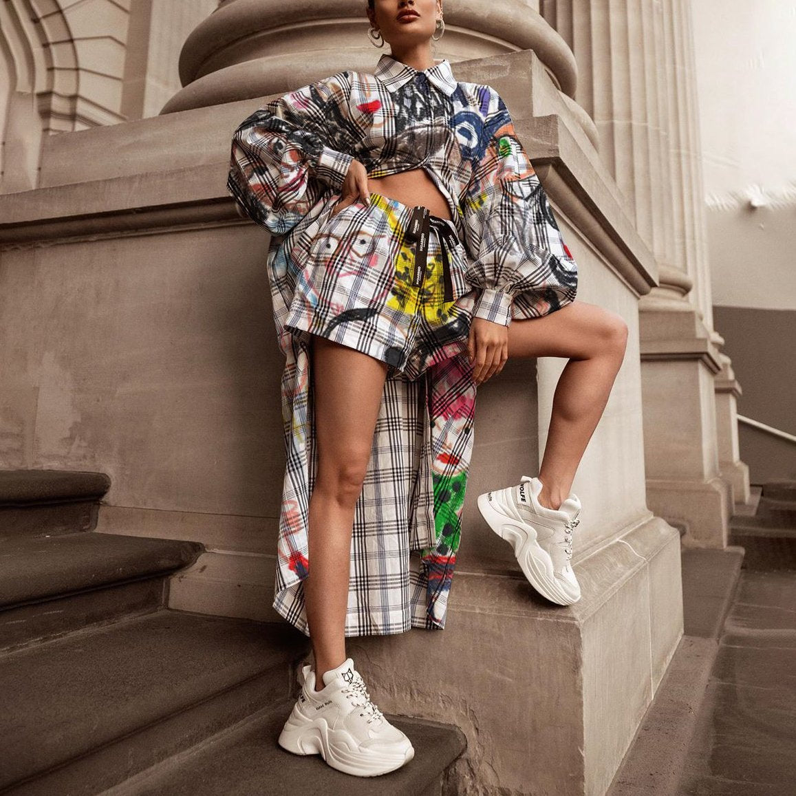 Ladies casual autumn and winter fashion face print trendy windbreaker suit