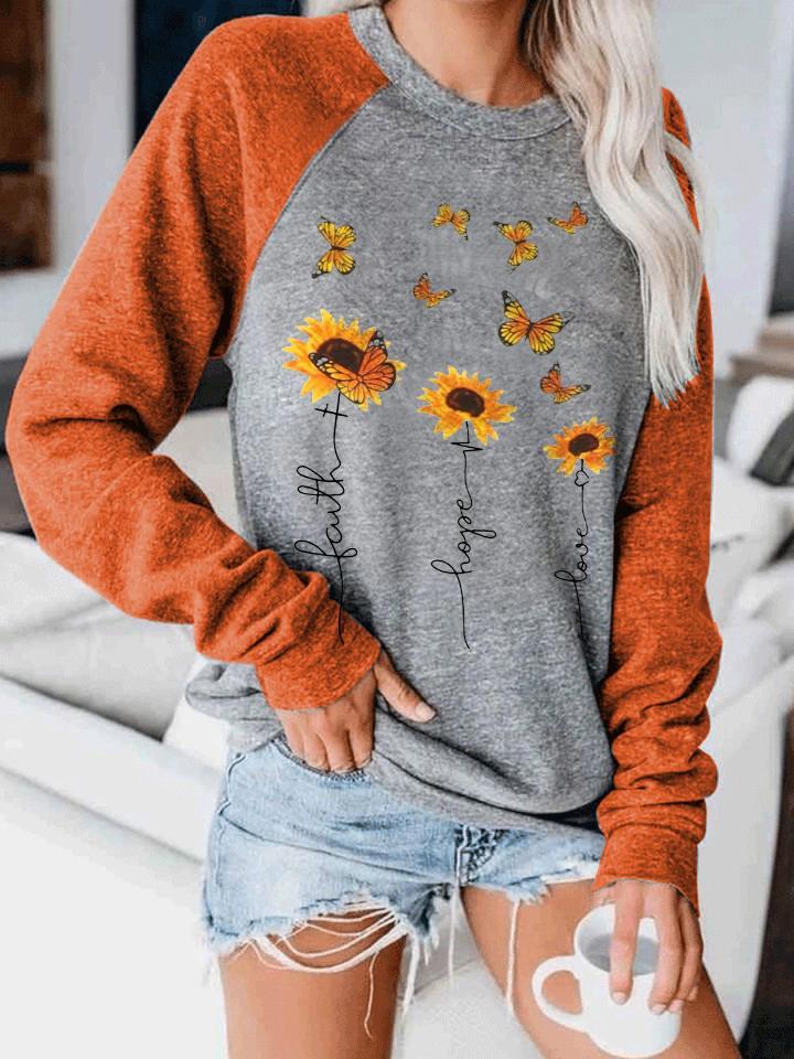 Women's Faith Hope Love Sunflower Print Sweatshirt
