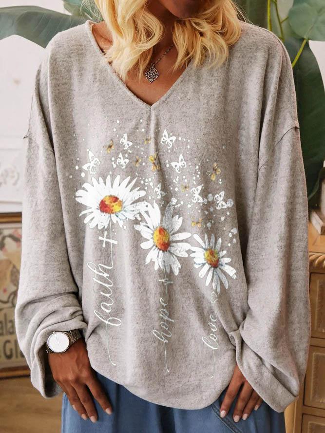 Women's Daisy Faith Print V-Neck Casual Top