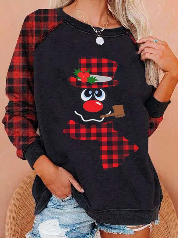 Ladies Christmas Snowman Printed Plaid Sweatshirt