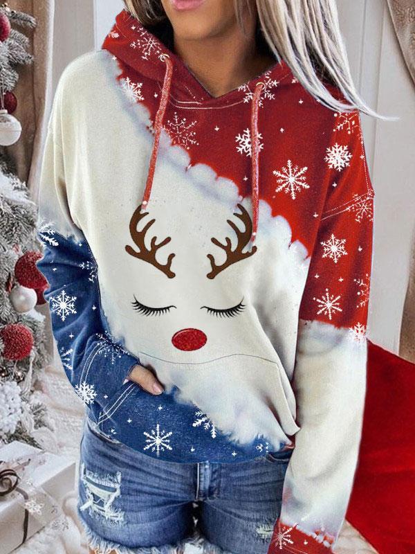 Ladies Christmas Deer Snowflake Color Block Hoodie
