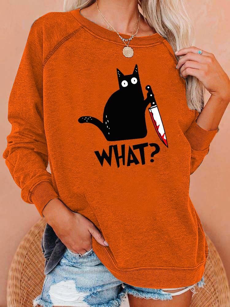 Women's Halloween Funny Murderous Cat Print Casual Sweatshirt