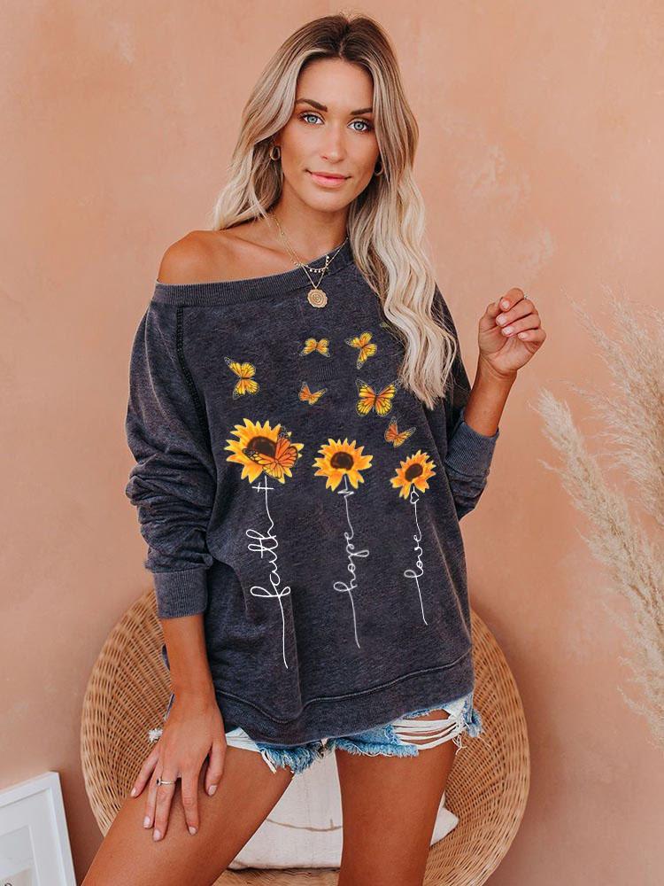 Women's Faith Hope Love Sunflower Print Sweatshirt