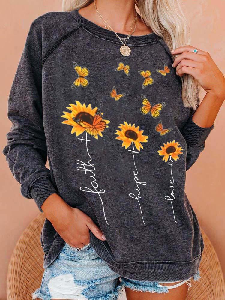 Women's Faith Hope Love Sunflower Print Sweatshirt