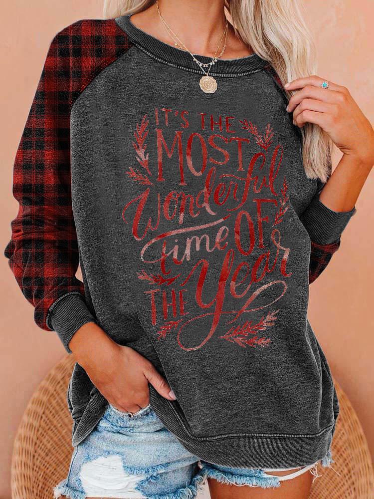 Christmas Printed Plaid Sleeve Sweater-gray,6size