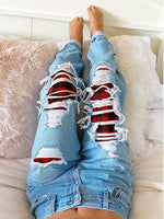 Load image into Gallery viewer, Women&#39;s Red Plaid Ripped Jeans
