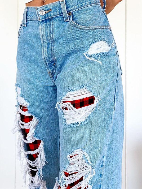 Women's Red Plaid Ripped Jeans